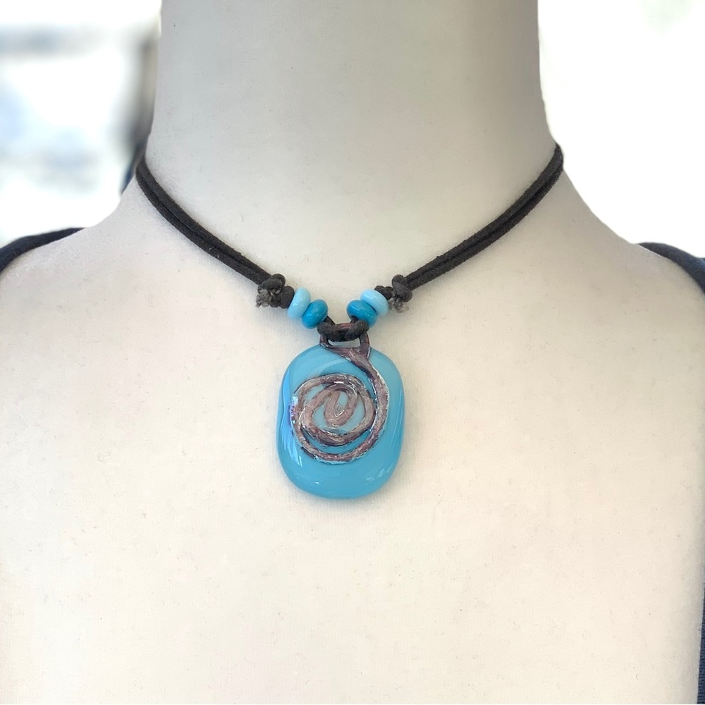 Blue Studio Art Glass Swirl Design Pendant Adjustable Cord Necklace - Picture 2 of 5